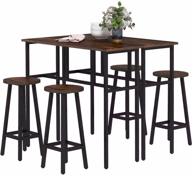 KORVIXA 6-Piece Industrial Square Bar Table and Chairs Set in Brown