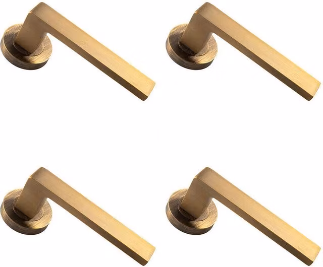 Loops 4 Pair Straight Square Handles on Round Rose with Concealed Fixings in Antique Brass – 1
