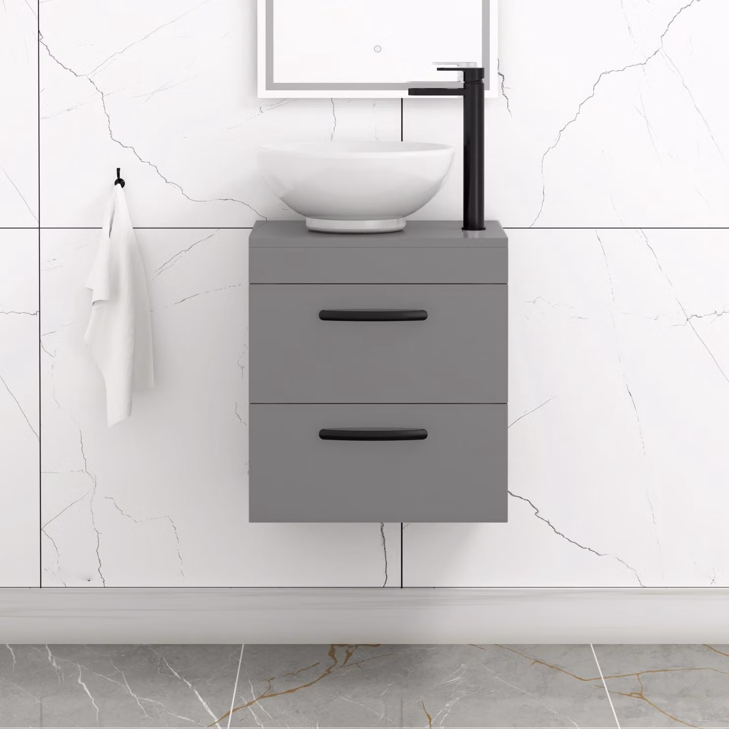 Royal Bathrooms 500mm Wall Hung 2 Drawer Vanity Unit in Indigo Grey Gloss with Breeze Countertop Basin and Matt Black Handle