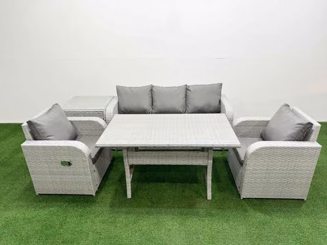 Fimous PE Rattan Garden Furniture Set with Reclining Chairs, Lounge Sofa, Rectangular Dining Table and Side Table in Light Grey