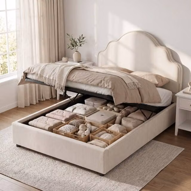 STILVORA Single Ottoman Bed with Scalloped Headboard in Beige, W/D/H: 90 x 190 x 150 cm – 1