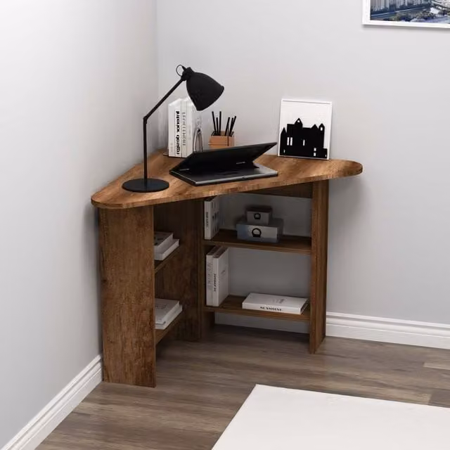 Destina Home Modern Corner Computer Desk with Shelves in Brown