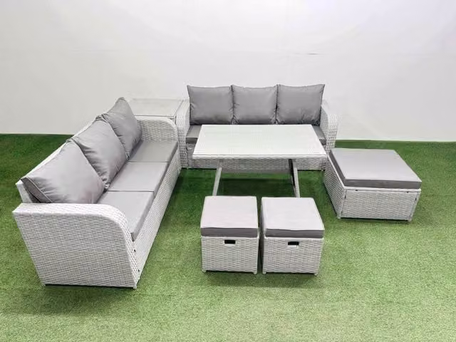 Fimous Rattan High Back Lounge Sofa Set in Light Grey with 3 Seater Sofa, Side Table and 3 Stools