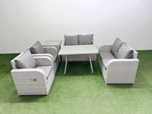 Fimous 6 Seater Rattan Garden Furniture Set with Upholstered Cushions in Light Grey