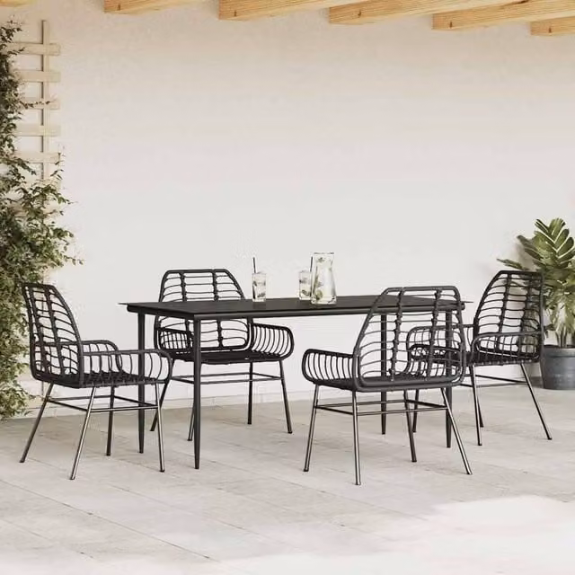 Berkfield Home Beautiful 5 Piece Black Poly Rattan Garden Dining Set with Glass Top
