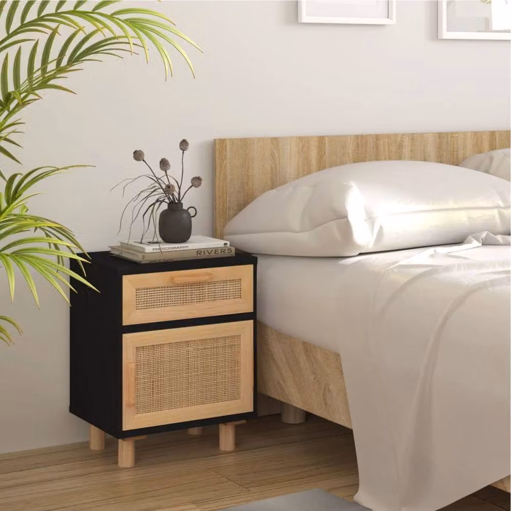 Berkfield Home Set of 2 Black Solid Wood Pine and Natural Rattan Bedside Cabinets – 3