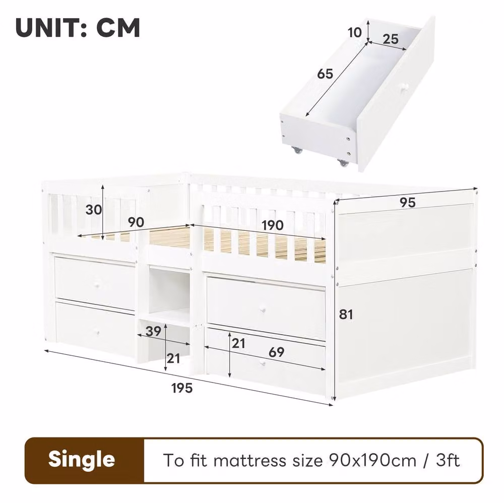 STILVORA Single Low Loft Bed with Storage and Stairs in White – 2
