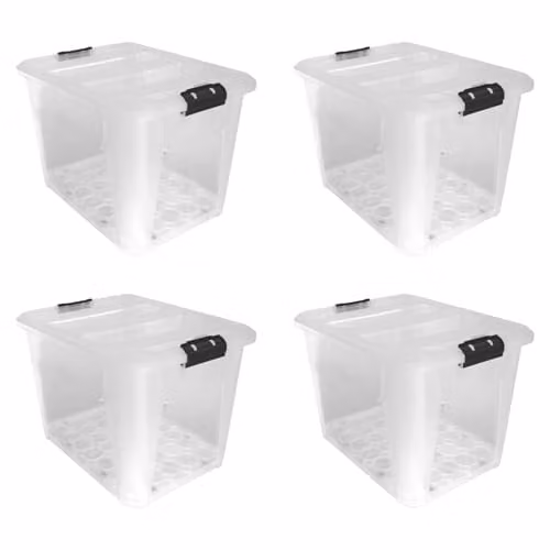 JVL Set of 4 Plastic Secure Clip Lidded Storage Boxes with Wheels, Stackable and Nestable, Clear, 60L