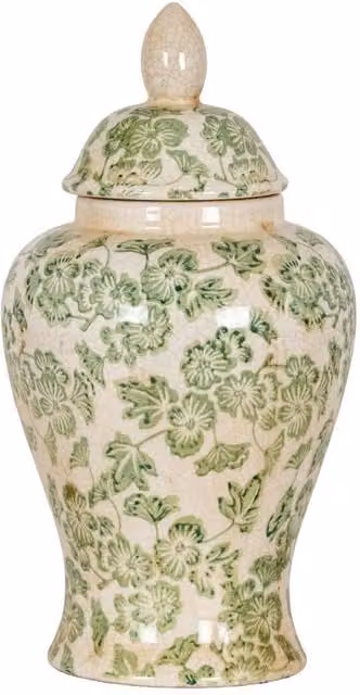 KDMD Classic Floral Ceramic Tabletop Ginger Jar in Green, White and Beige