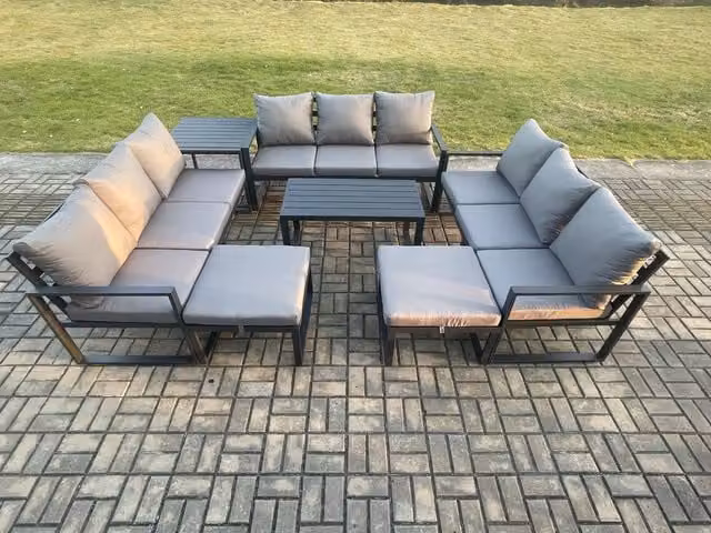 Fimous Aluminium Outdoor Garden Furniture Set in Dark Grey with 3-Seater Sofa, Oblong Coffee Table, Ottoman and Cushions