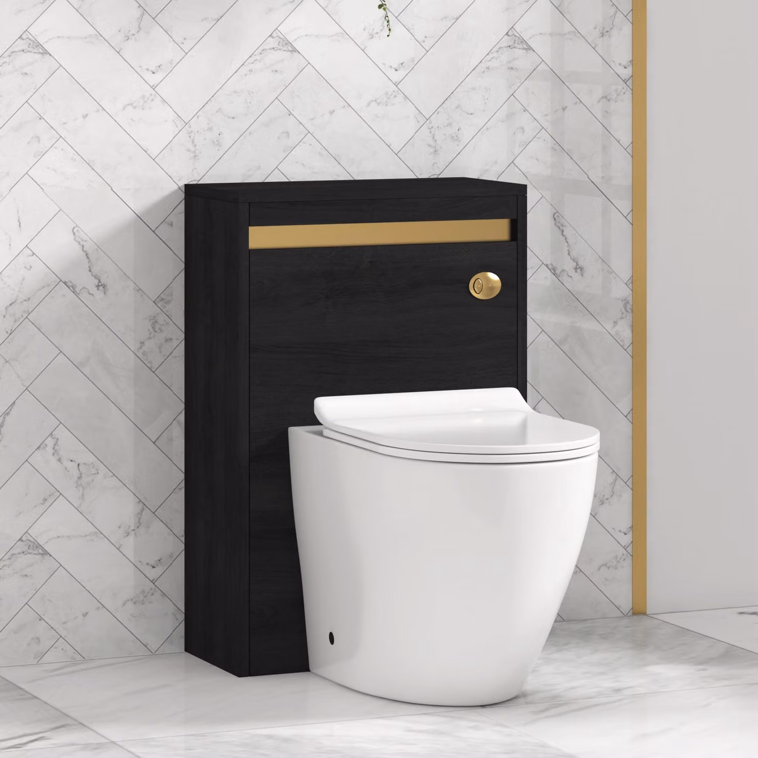 Royal Bathrooms Orion Hale Black BTW WC Unit with Elva Rimless Toilet Pan, Slim Seat and Cistern, Brushed Brass Accent Trim, Width: 54 cm