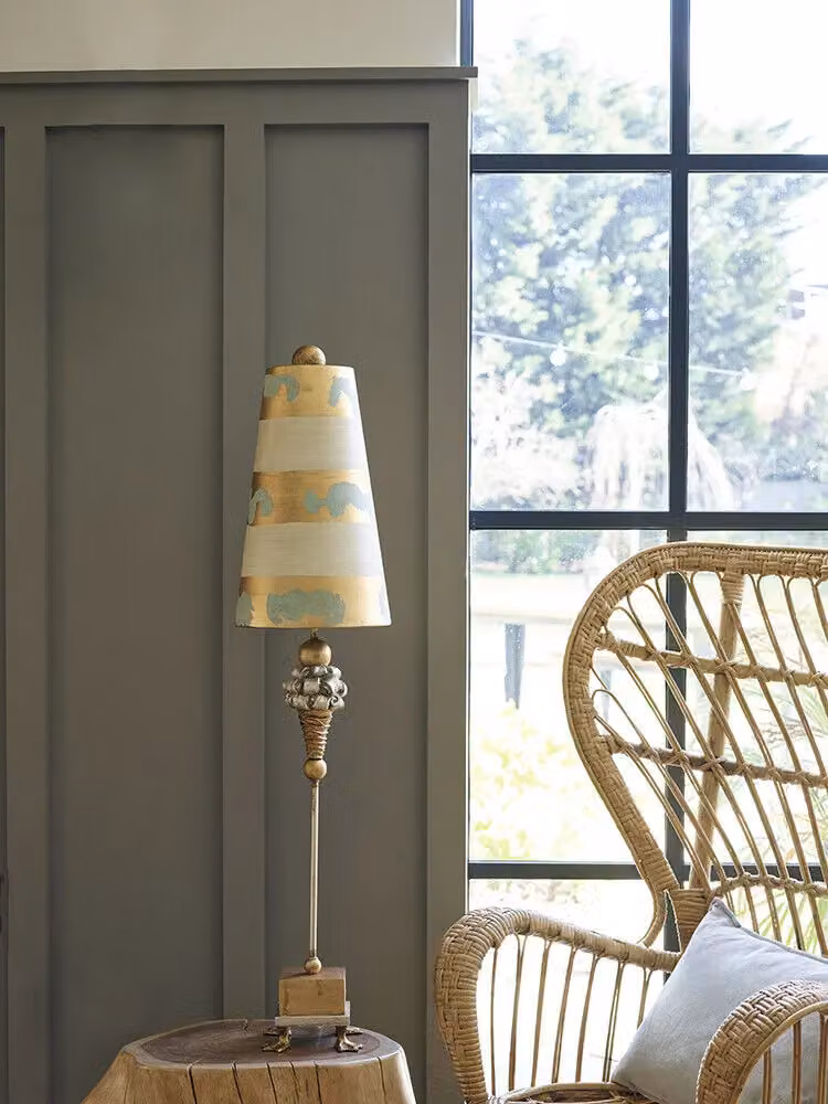 Loops Table Lamp with Gold Leaf Acid Etched Base and Multicolour Striped Fabric Shade, E27 LED Compatible – 3