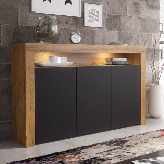 Creative Furniture Aether Sideboard in Dark Oak and Black Matt with Integrated Lighting, W: 155 cm, H: 92 cm, D: 40 cm
