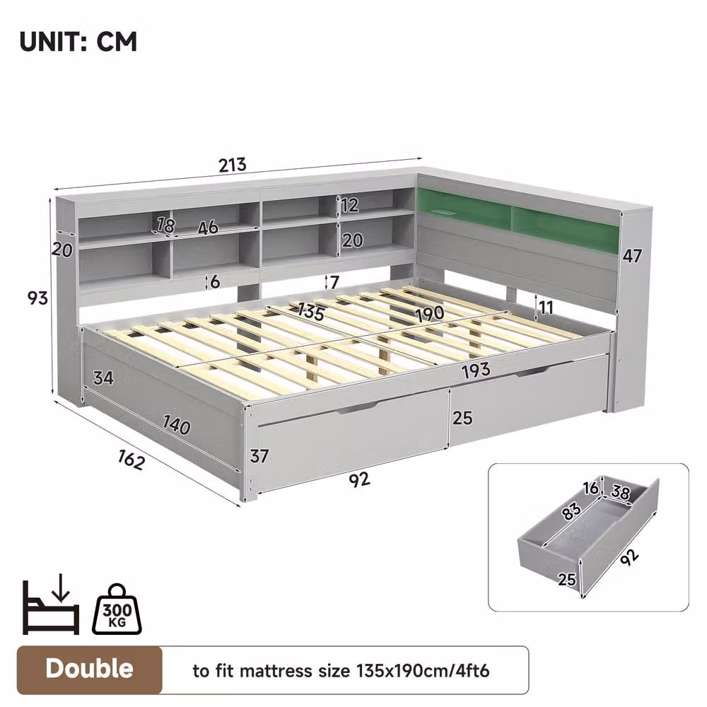 Rolipo Grey Double Bed with LED Lights, Storage Drawers and USB Charging Station, W/D/H: 140 x 200 cm – 3