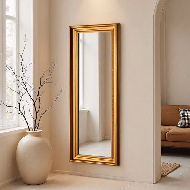 Yearn Beaded Classic Tall Framed Bevelled Rectangular Wall Mirror in Gold