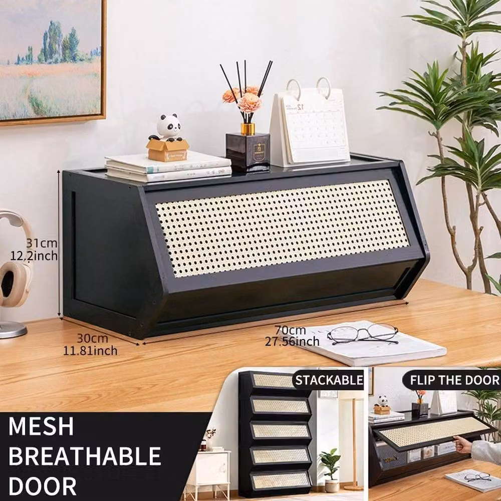 EONLION Black Bamboo Storage Unit with Rattan Details for Bedroom, W/D/H: 31 x 30 x 30 cm – 2