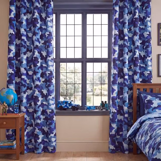 Terrys Blue Camouflage Ready Made Pencil Pleat Opaque Curtains W: 167.64 cm, H: 182.88 cm
