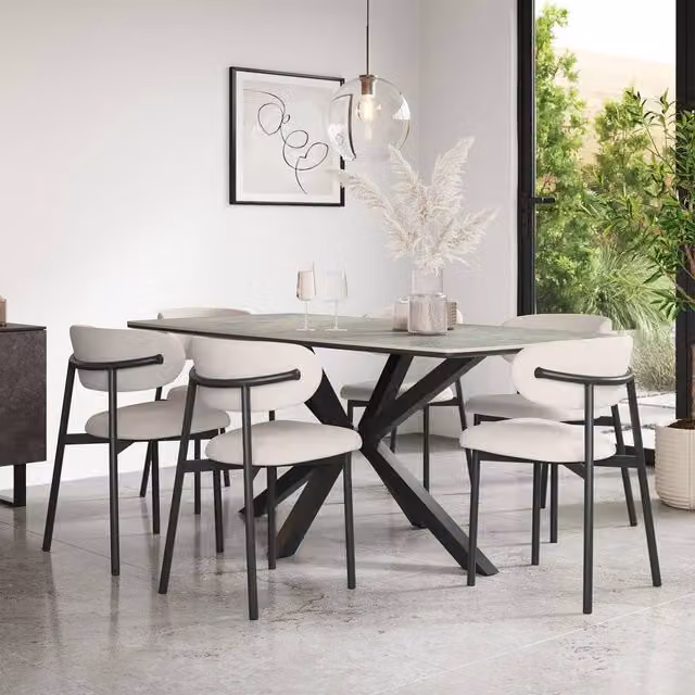 More4Homes Juno Light Grey Ceramic Rectangular Dining Table and 6 Myla Beige Linen Chairs W/D/H: 180 x 90 x 75 cm – 1