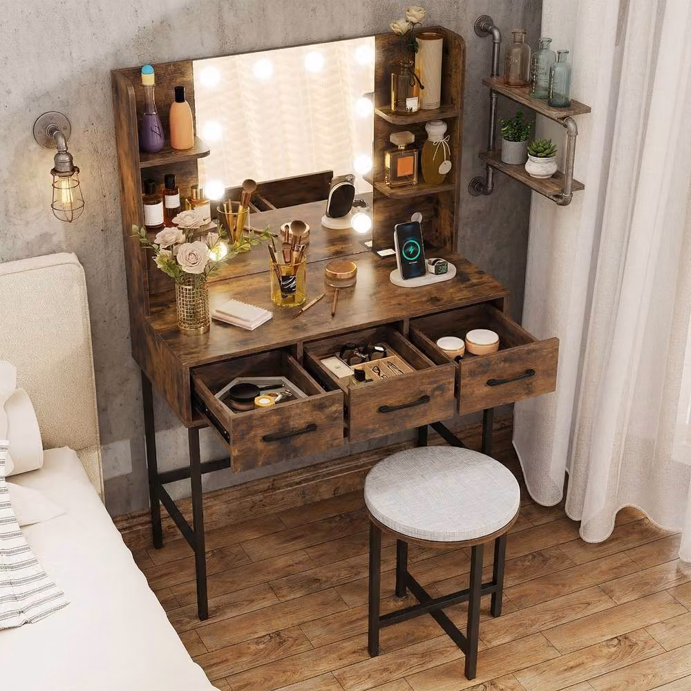 Costway Brown Industrial Vanity Desk Set with Hollywood LED Mirror, Stool, and Power Outlets – 7