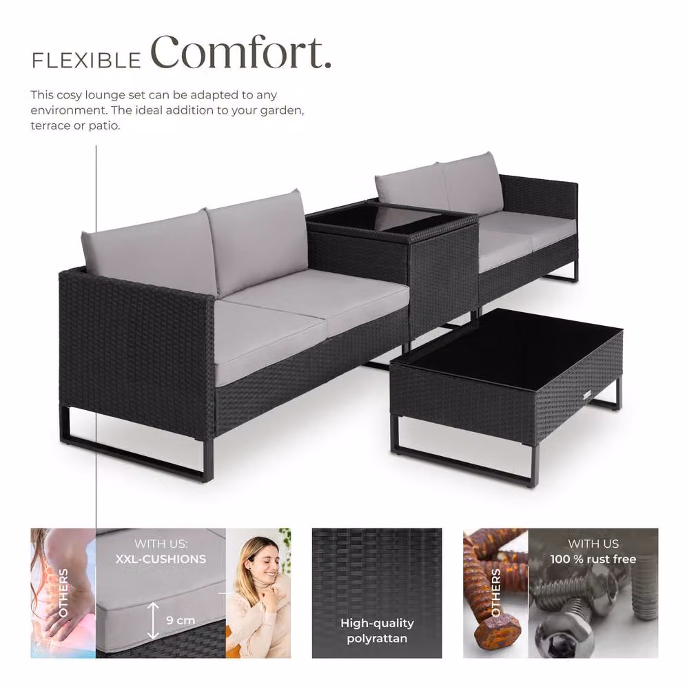 tectake Ostuni 4-Person Garden Furniture Set in Black with Upholstered Cushions and Glass Coffee Table – 3
