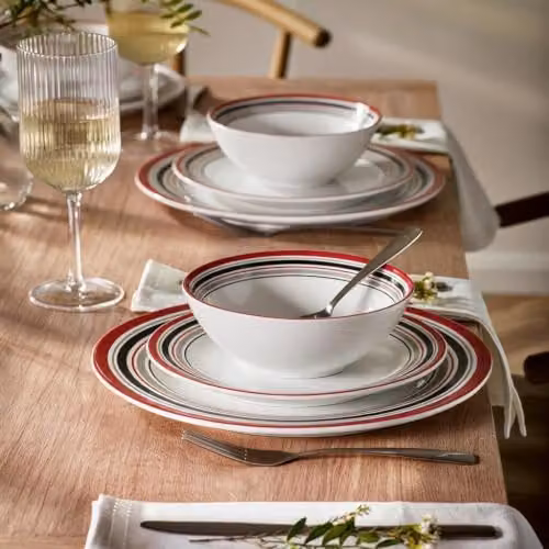Waterside Brompton 12-Piece Burgundy and White Striped Porcelain Dinner Set – 3