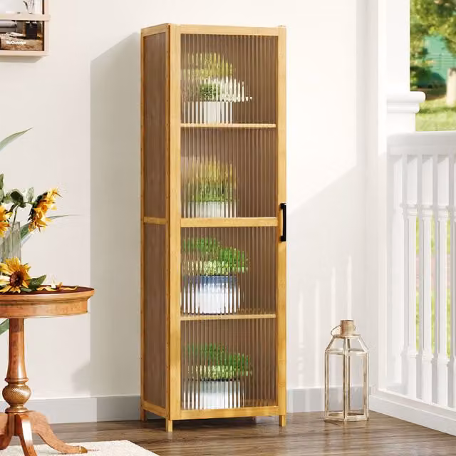 Livingandhome Modern Brown Wood Storage Bookcase with Transparent Glass Doors and Internal Shelves, Height: 130 cm