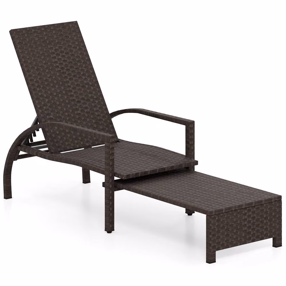 Gymax Brown Polyrattan Wicker Chaise Lounge with 6-Position Adjustable Backrest and Armrests for Pool or Patio – 6