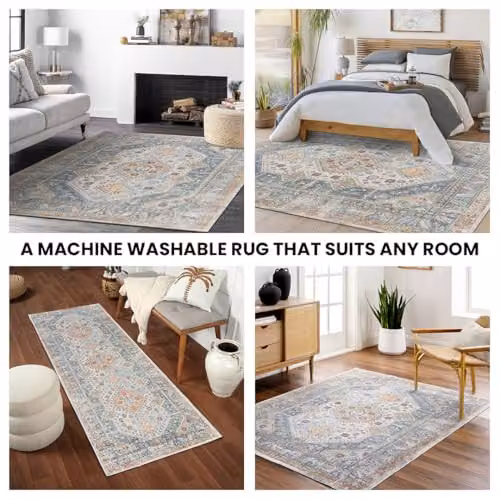 Livabliss Lilian Washable Vintage Boho Rectangular Rug in Blue and Brown, W: 66 cm, L: 120 cm – 6