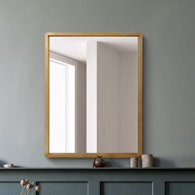 MirrorOutlet Naturalis Solid Oak Framed Overmantle Wall Mirror in Brown