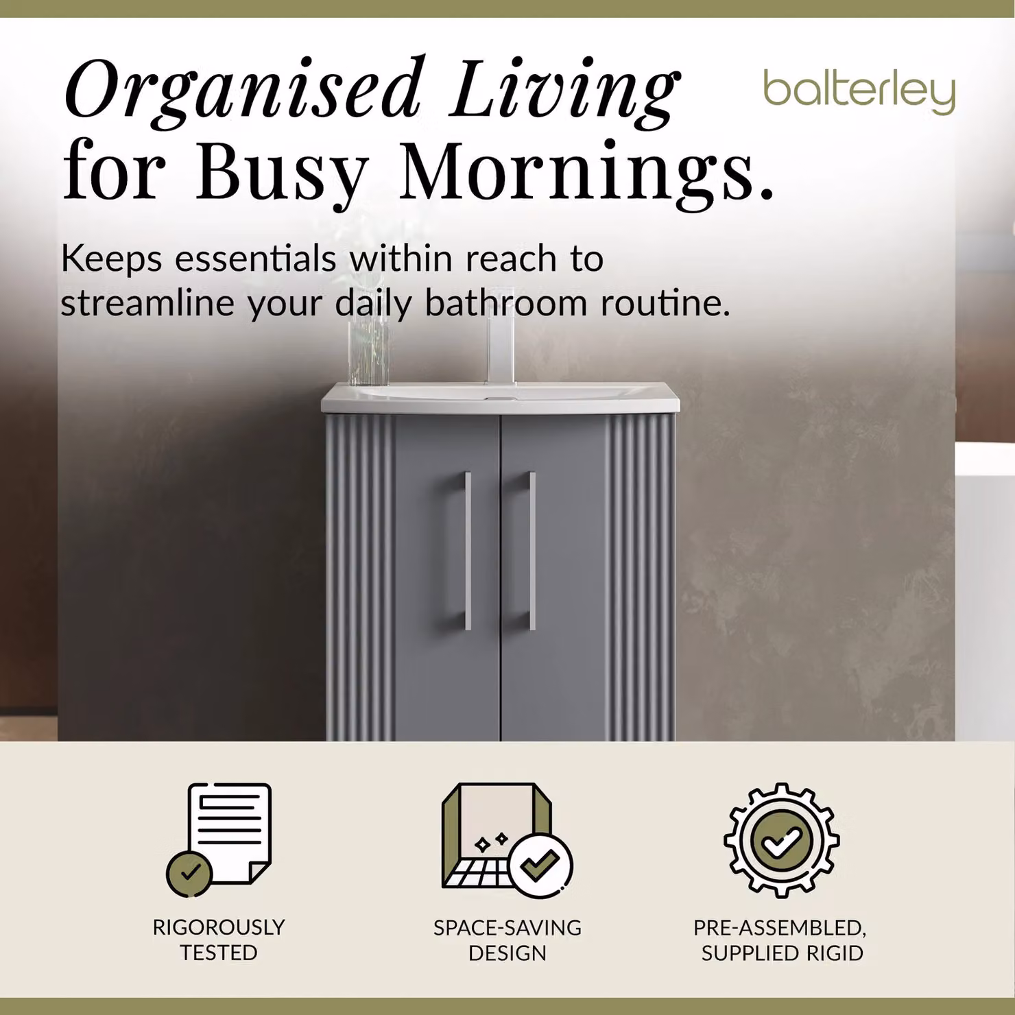 Balterley 2 Door Floor Standing Bathroom Vanity Unit with Curved Basin, Satin Grey – 2