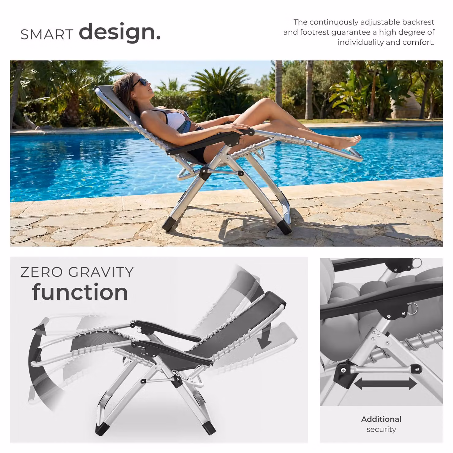 tectake Sun Lounger Cloud in Grey with Adjustable Backrest, Headrest and Side Tray – 8