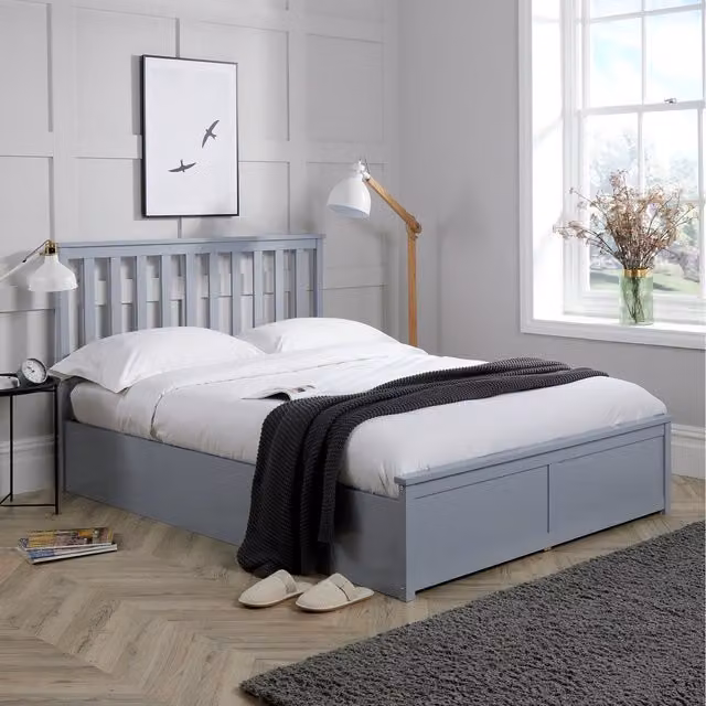 Home Source Florida Grey Fabric Gas Lift Ottoman Storage Bed Frame with Solid Pine Wood Base, King Size 180 x 200 cm