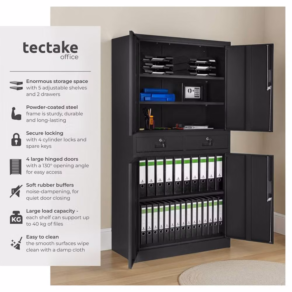 tectake Cosmo Filing Cabinet in Black and Grey with Hinged Doors, Drawers, Adjustable Internal Shelves and Lock – 2