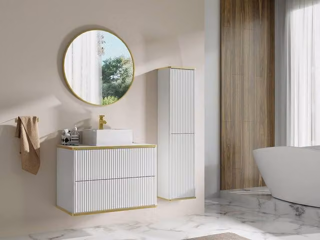 Vente-unique Striped Wall-Hung Bathroom Vanity Unit with Square Countertop Basin in White and Gold, W/D/H: 80 x 47 x 54 cm – 1
