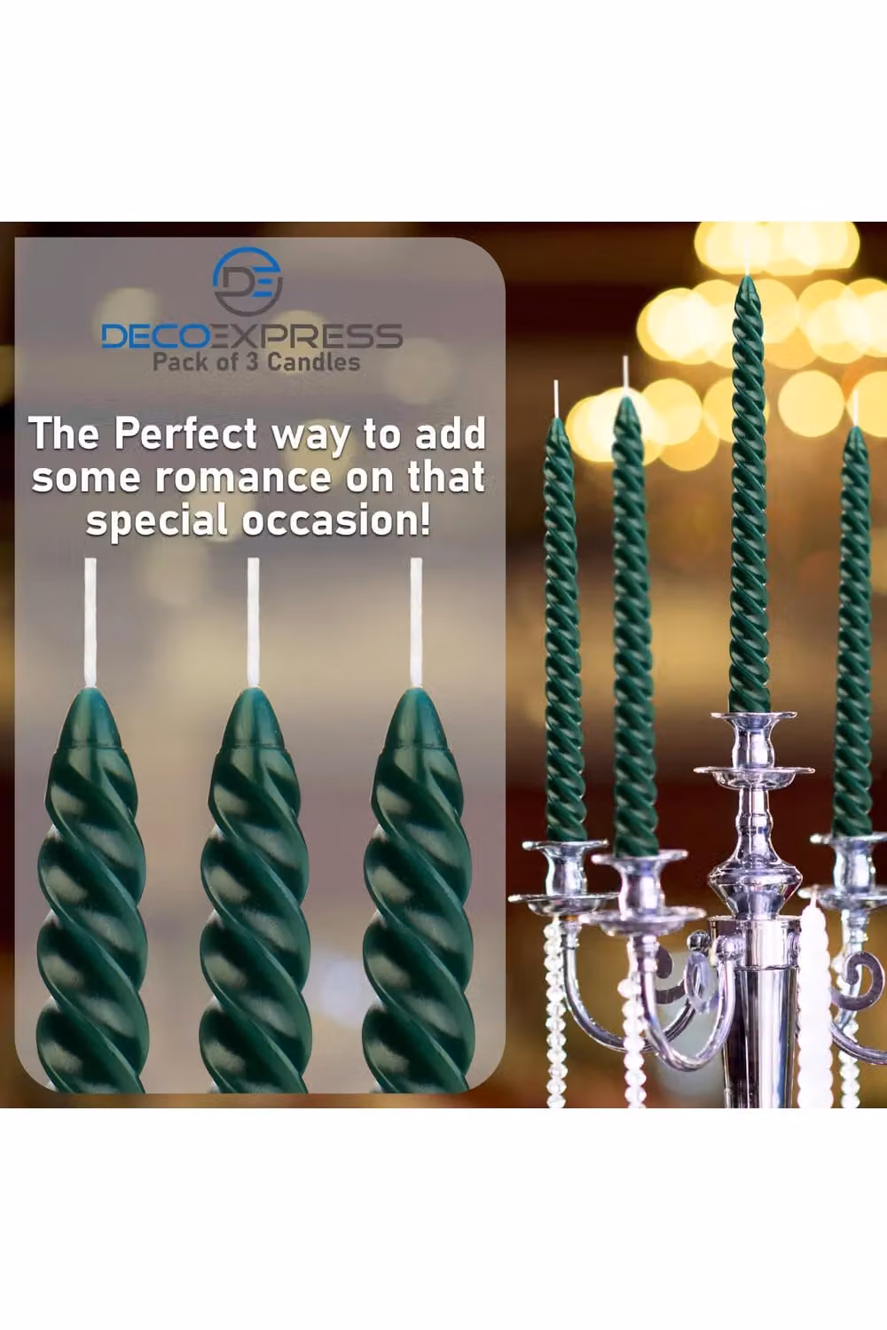 Deco Express Twisted Non Drip Spiral Dinner Candles, Non Scented, Green, Pack of 3 – 3