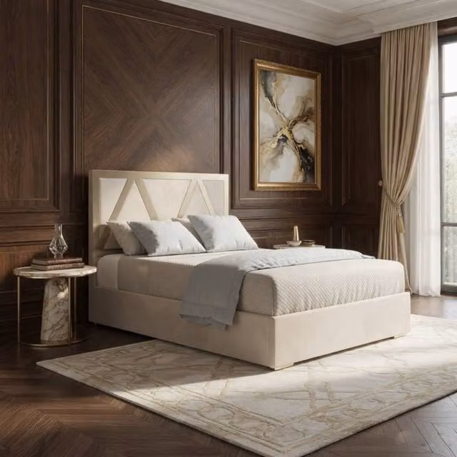 KDMD Exbourne Designer Bed Frame in Beige Velvet and Metal, Single (W/D/H: 90 x 190 x 127 cm) – 1
