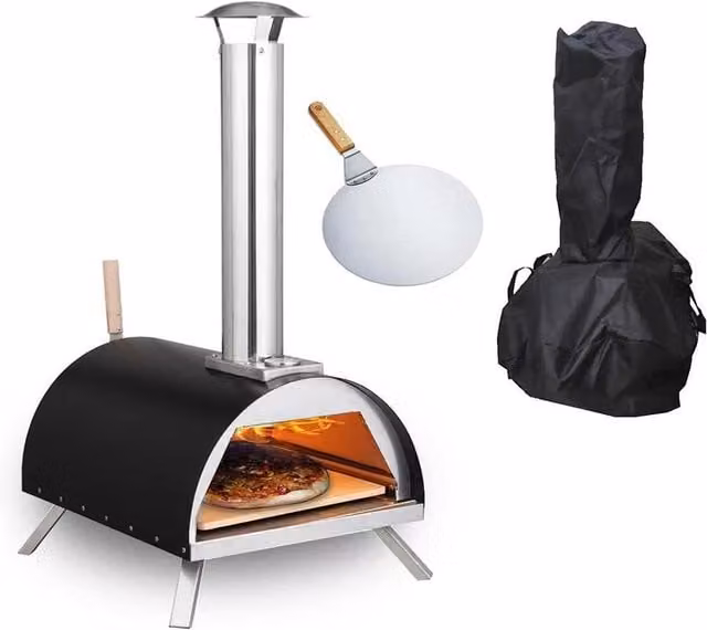 Haven Wood Pizza Oven with Raincover and Pizza Paddle in Black and Silver