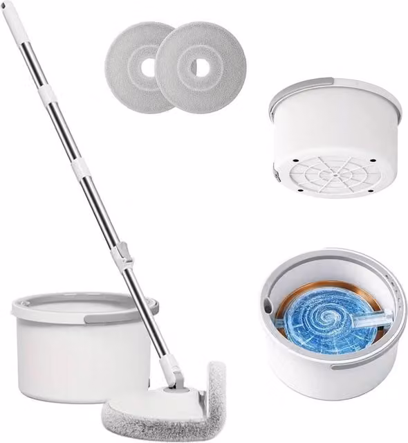 VOGREX Spin Mop Set with Centrifugal Dryer and 2 Microfibre Pads in White – 1