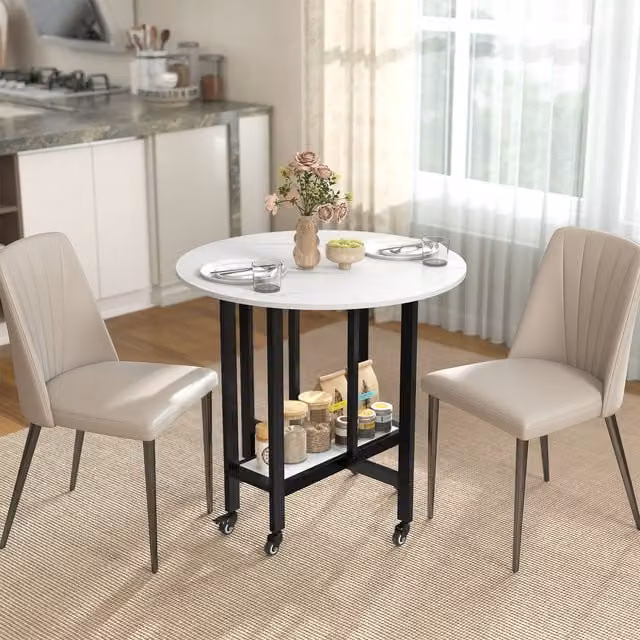 HOMCOM White Marble Drop Leaf Folding Dining Table with Open Shelf and Castors, White