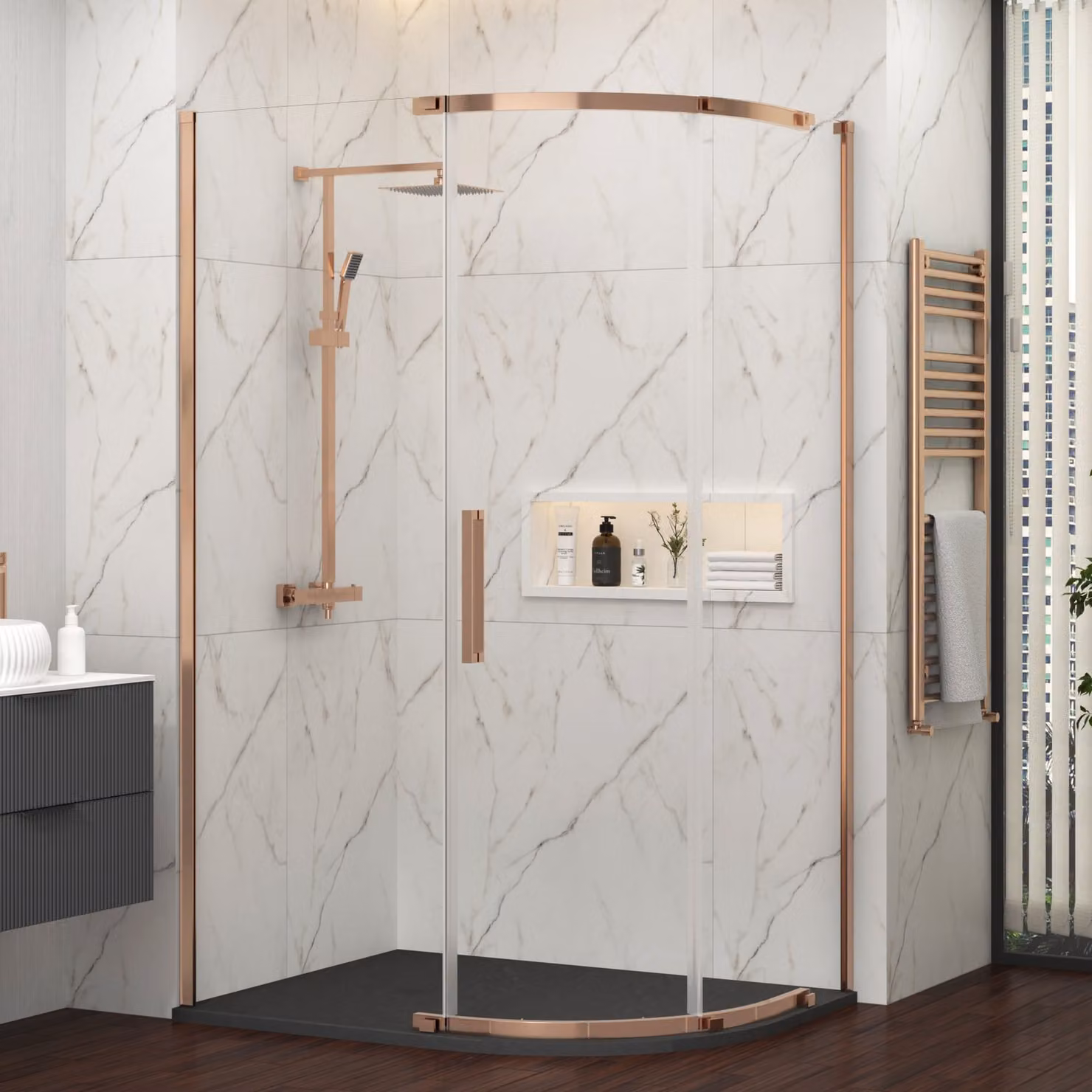 Royal Bathrooms Chelsea Single Door Offset Quadrant Shower Enclosure with Black Mineral Cast Stone Tray, Brushed Bronze, W: 120 cm, D: 80 cm, H: 195 cm