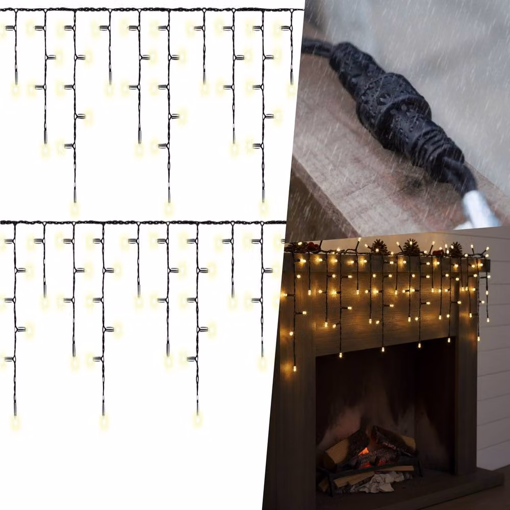 Pegdev Warm White LED Icicle Lights with Black Cable, Connectable, 7m – 3