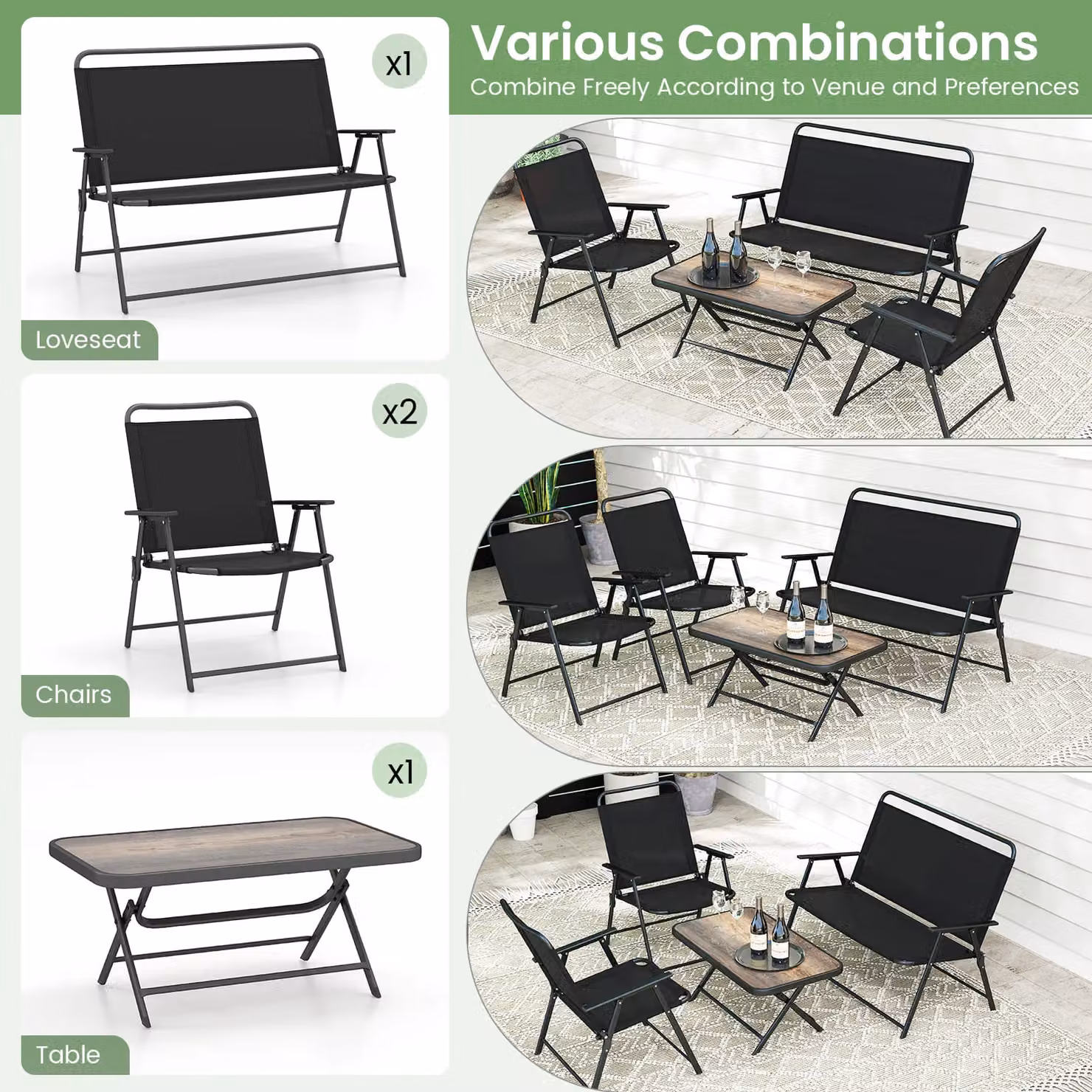 Costway 4 Piece Outdoor Conversation Set with Powder Coated Steel Metal Frame and Upholstered Cushions in Black – 6