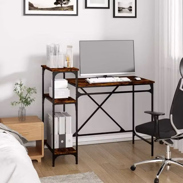 Berkfield Home Charming Writing Desk with Shelves in Smoked Oak Brown, W/D/H: 105 x 50 x 90 cm