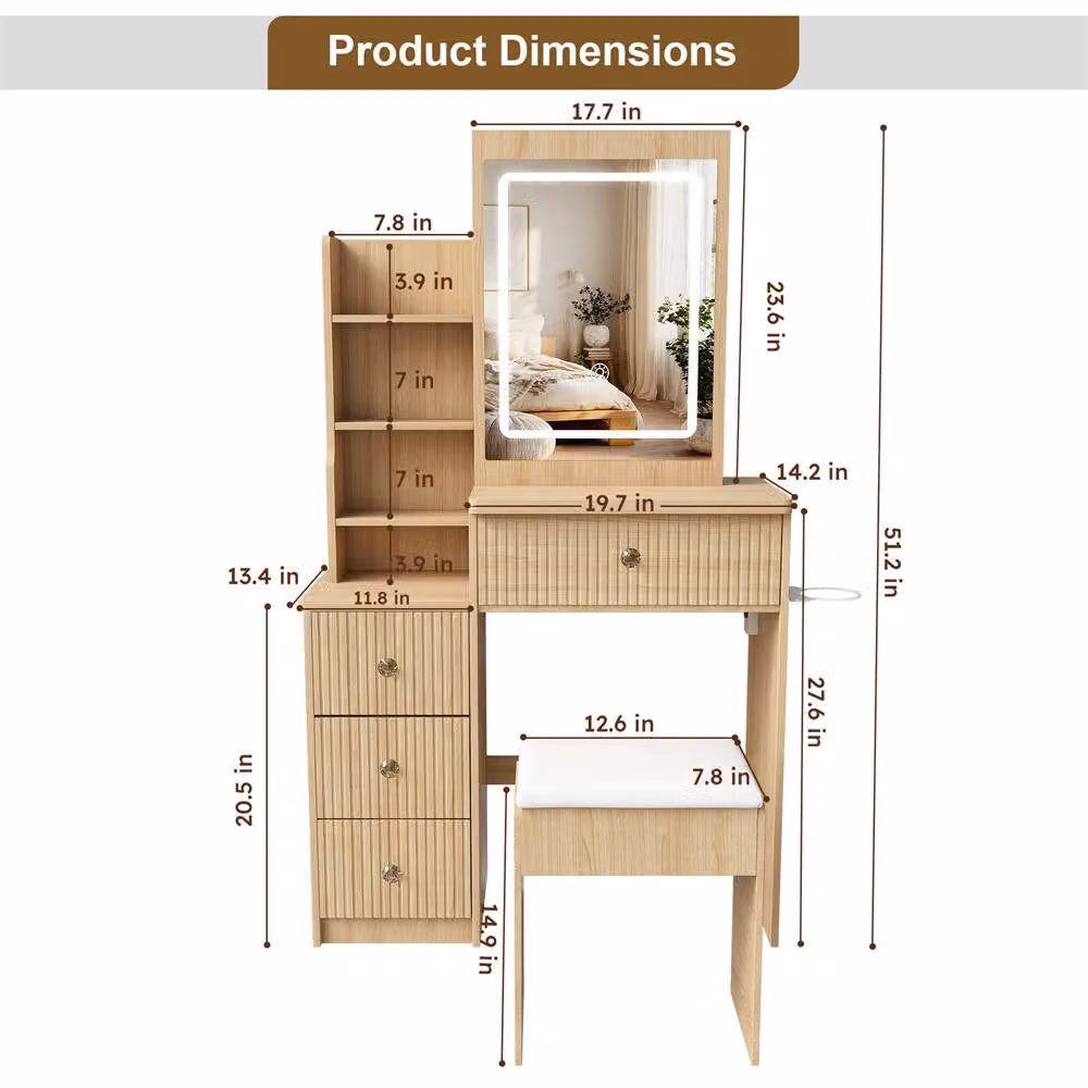 Direct Wicker Modern LED Vanity Desk with 4 Drawers and Dressing Chair in Beige and Brown – 2