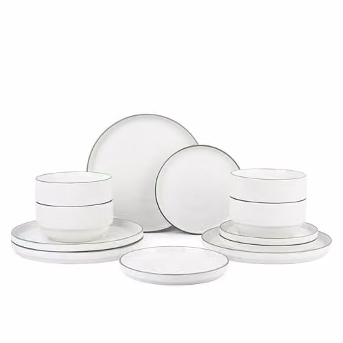 Waterside 12-Piece White and Green Rim Stacking Porcelain Dinner Set