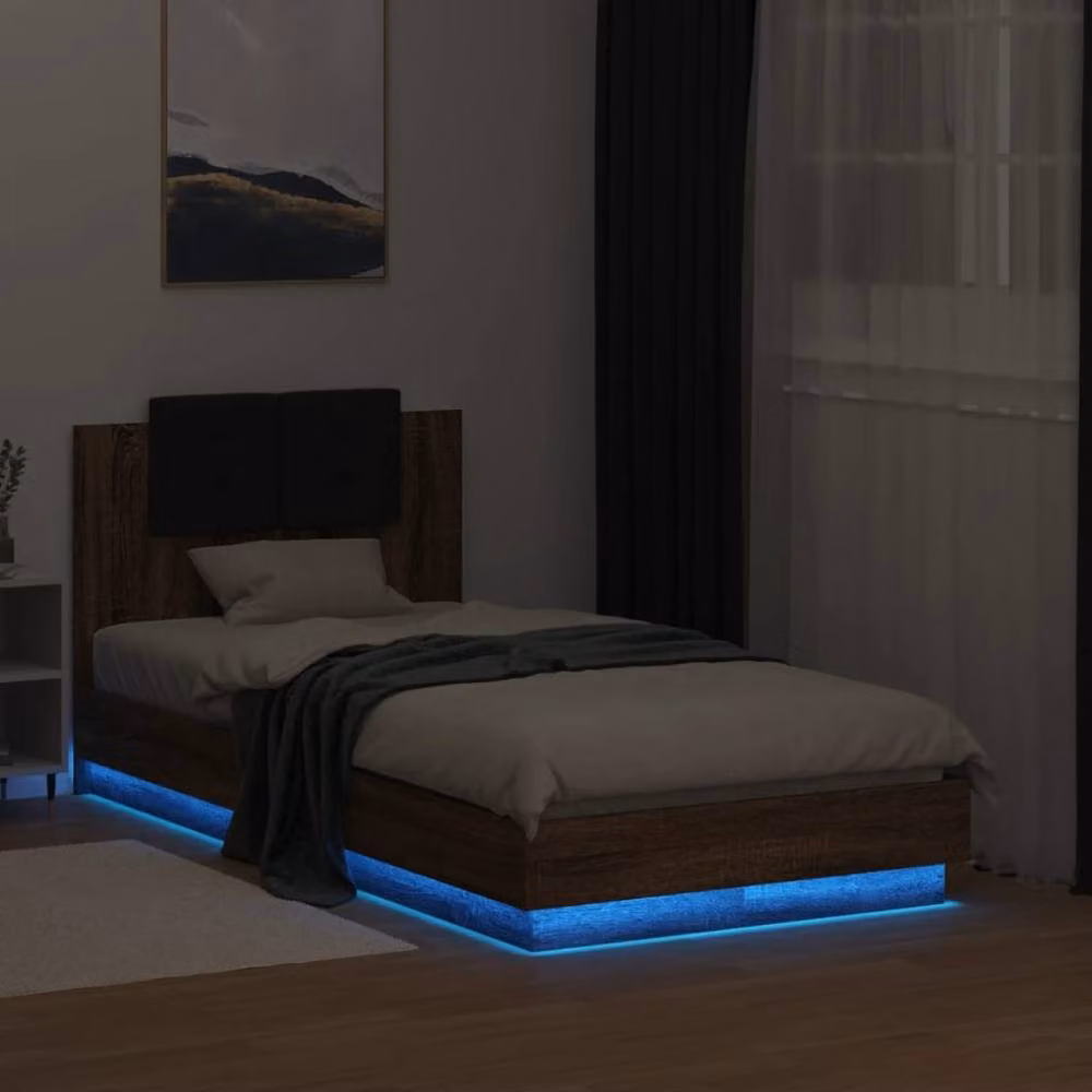 Berkfield Home Durable Small Single Bed Frame with LED Under-Bed Lighting in Brown Oak, W/D/H: 190 x 75 x 78 cm – 2
