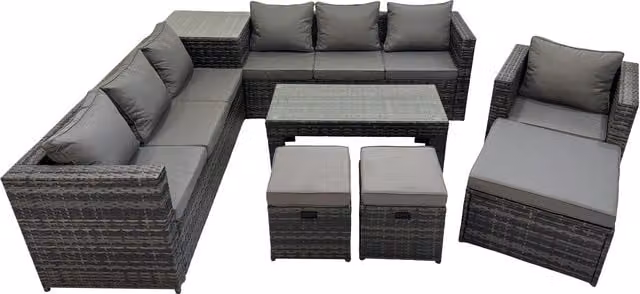Fimous 10-Seater L-Shape Garden Rattan Corner Sofa Set with Ottoman and Tempered Glass Coffee Table, Dark Grey