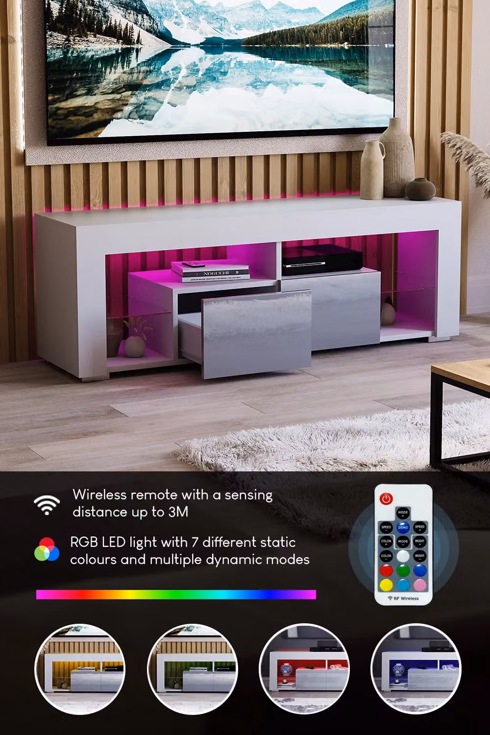 Vida Designs Luna Modern Glossy White and Multicolour 2 Drawer LED TV Unit with Glass Details – 3
