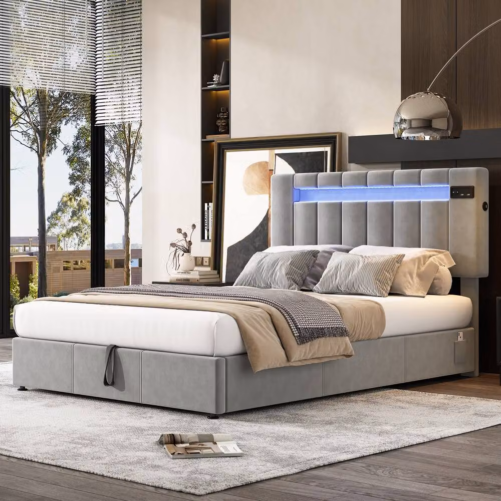 ModernLuxe Grey Velvet Double Ottoman Bed with LED Lights and USB Charging Port, W/D/H: 135 x 190 x 120 cm – 2