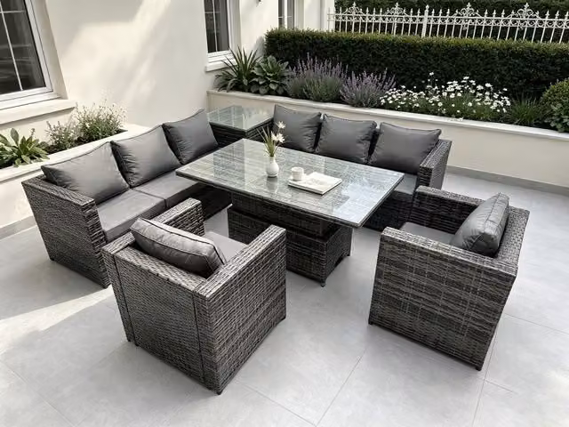 Fimous 8 Seater PE Rattan Corner Sofa Set with Height Adjustable Dining Table and High Side Coffee Table in Dark Grey – 1